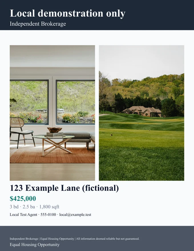 Actual generated demonstration flyer using fictional property information and credited stock photos